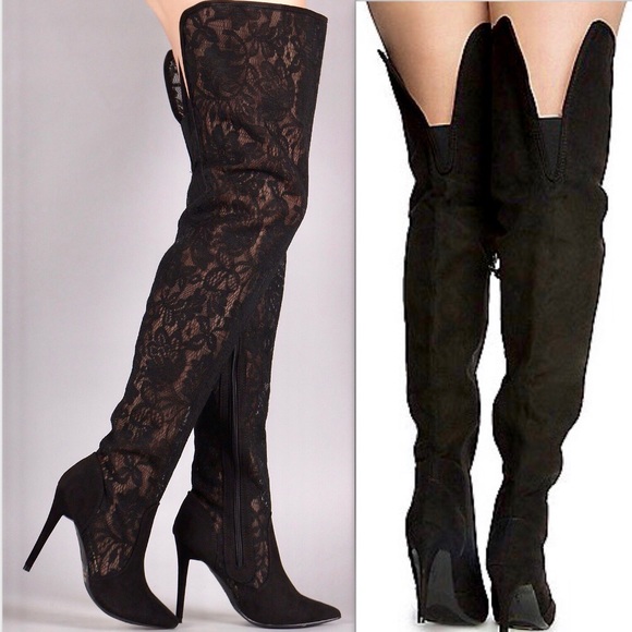 BLACK LACE SUEDE OVER THE KNEE BOOT - Picture 4 of 8